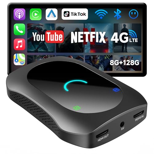 CarPlay Android Car Wireless + Android Full Car VideoBox Adapter with HDMI Input/Output, 4G LTE, Dual-BT, DriveChat, AI Box CarPlay Wireless for Netflix/YouTube/TikTok/TF Card, CB7SBX