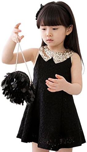 Girl Sequins Collar (Black 140cm) Sleeveless Princess Baby Toddler Lace Dress