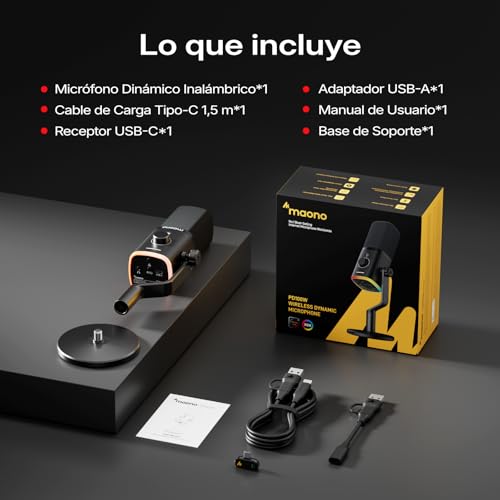 MAONO PD100W Micrófono dinámico Inalámbrico USB con receptor tipo C, batería de 40h, botón de silencio, cancelación de ruido, software, RGB, micrófono para pc gamer, stream, grabación, juegos, podcast