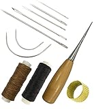 7 Pieces Curved Upholstery Hand Sewing Needles Sewing Needles with Leather Waxed Thread Cord 1 Brown 1 Black and Drilling Awl and Thimble for Leather Repair