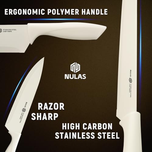 NULAS 15-Piece Kitchen Knife Block Set with Built-in Sharpener, Upgraded Non-Stick Coating Blades, Ergonomic Handles, Dishwasher Safe, Cream