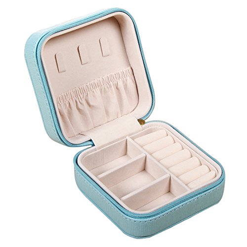 PUSU Small Portable PU Leather Jewelry Box Display Organizer Travel Storage Case for Rings Earrings Necklace (Blue)