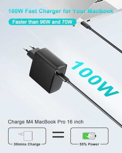 100W USB C Charger, Power Supply Compatible with MacBook Pro 16 14 MacBook Air 15 13 Inch 2025 2024 2023 2022 2021 2020 2019 M4 M3 M2 M1, Charger Adapter with USB-C Cable 2M 5A (Black)