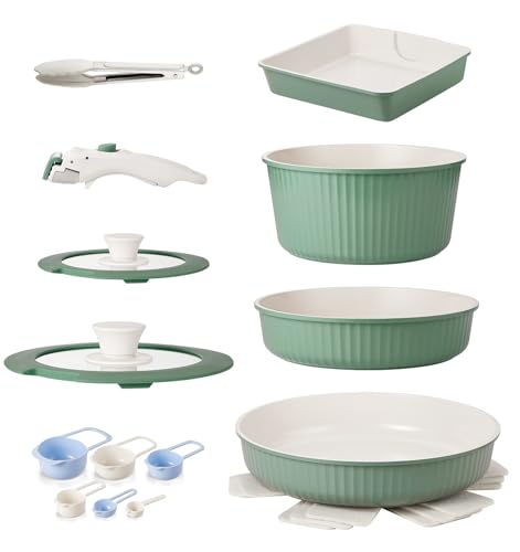 KOCH SYSTEME CS 12 Piece Non stick Ceramic Cookware Set, Pots and Pans Set with Detachable Handle, Induction Kitchen Cookware Sets, Cooking Pan Set with Removable Handle, RV Cookware Set, Green