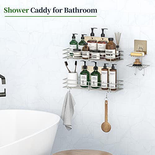 Shower Caddy Bathroom Organizer Shelf 3PCS with Soap Holder, Adhesive Shower Shelf, Caddy Basket Shelves with Hooks, Rustproof 304 Stainless Steel Shower Organizers and Storage Rack for Kitchen