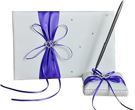 he andi 1 Wedding Guest Book + 1 Pen Set Decor Red Ribbon Bowknot, Double Heart Diamante Crystal Rhinestone Buckle (purple)