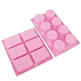 Baking Fun 6-Cavity Plain Rectangle Silicone Mold 8-Cavity Round Silicone Mold for Homemade Craft Soap Mold, Cake Mold, Ice cube tray, Cupcake Liners Set of 2