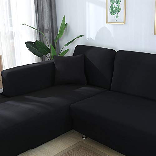 Mingfuxin Sectional Couch Covers L Shape Sofa Slipcover 2 pcs Furniture Protector Sofa Stretch Cover for 2-Pieces 3 Cushion Sectional Sofa Couch (Black)
