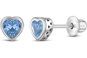 In Season Jewelry CZ Birthstone Heart Kids Earrings - 925 Sterling Silver Hypoallergenic Earrings for Girls with Secure Screw Backs - Safe & Comfortable for Toddlers, Kids & Little Girls