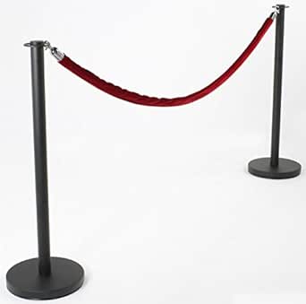 Stanchions Set - Two 39 Inch Matte Black Stanchion Posts with a 78 Inch Burgundy Velvet Rope w/Polished Chrome Hooks - Crowd Control Poles