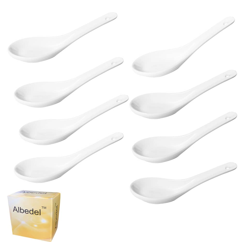 Albedel 8 pcs Asia Porcelain Soup Spoon Ceramic Rice Spoons Chinese Won Ton Spoons for Home Kitchen Restaurant White
