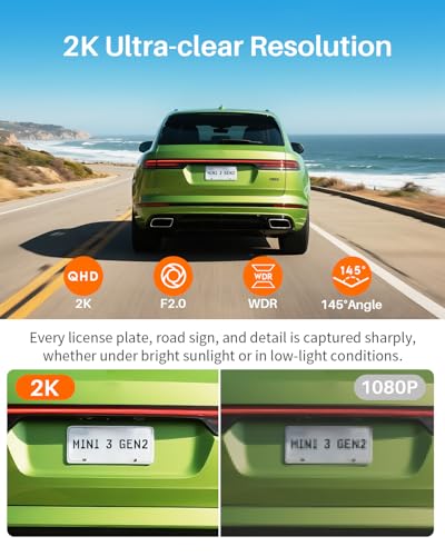 KAWA 2K 1296P QHD Mini Car Camera, Voice Control Dashcam, G-Sensor, Free 32GB TF Card, Built-in WiFi, APP Control, WDR/3D DNR Night Vision, 24H Parking Mode