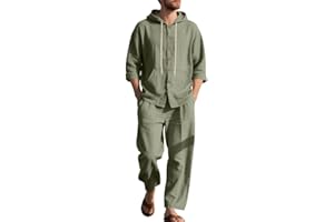 TAFLE Men's 2 Pieces Cotton Linen Set Casual Long Sleeve Henley Shirts Beach Yoga Pants Summer Outfits