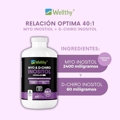 Wellthy Myo & D-Chiro Inositol 480 Cápsulas. Mezcla Óptima 40:1, 2400mg Myo Inositol y 60mg D-Chiro Inositol, Ingredientes 100% Naturales, 4 Meses de Consumo, Gluten Free, Sugar Free, Vegan.