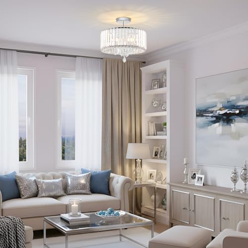 ANWIO Modern Crystal Ceiling Light, Silver Ceiling Light, Chandelier with 3 E27 Base, Glass Shade for Hallway, Entrance, Kitchen, Bedroom, Living Room (37 cm, Without Bulb)