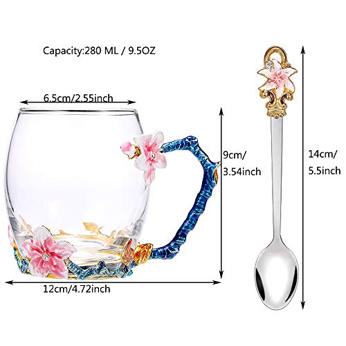 SEMAXE Handmade Glass Cup with Spoon Set and Cloisonne Handle,can be used as Teacup, Coffee Mug, Drinking Cup and Mother's Day, Christmas, Wedding Anniversary, Birthday Gifts(Apricot flower,Pink) - Thumbnail 2