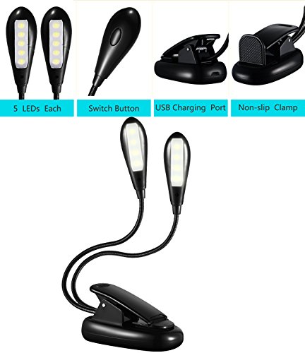 New Stlye LED Book Light - Clip on Light / Reading Light/ Night Light- 10 LED Music Stand Light with 2 Arms , Flexible Eye-Friendly Desk Lamp, Portable Travel Light Best For Readers