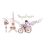 3D Wall Decals Stickers Pink Paris Tower Butterfly Flower Girl Removable Kids Room Art Nursery Bedroom Home Decorations Large 23.6inch x 35.4inch