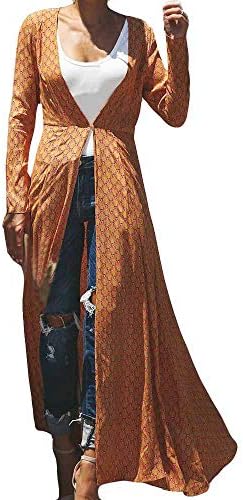 KFSO Women's Long Sleeve Print Open Front Long Maxi Cardigan Longline Duster Coat