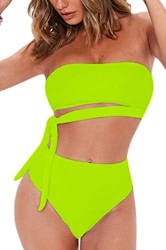 Women's Sexy Bandeau Tie Waist High Waisted Two Pieces Bikini Set Swimsuit