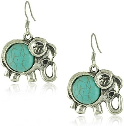 Vintage Tibetan Silver Cute Elephant Turquoise Inlay Dangle Earrings