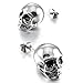 MENDINO Mens Stainless Steel Stud Earrings Silver Tone Black Skull