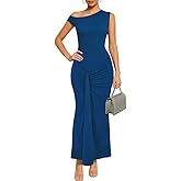 HWP Women Summer Bodycon Ruched Maxi Dress Sleeveless Boat Neck Casual Long Cocktail Dress