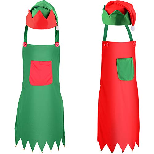 Sunshane 4 Pieces Christmas Elf Kits Include Elf Aprons and Elf Hats for Christmas Party Costume Supplies (Red and Green) - Thumbnail 7