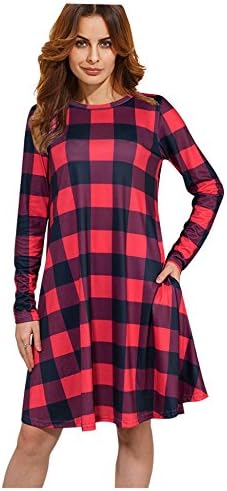 XINGONGCHENG Women's Long Sleeve Checkered Plaid Pockets Casual Swing T-Shirt Dress Red M