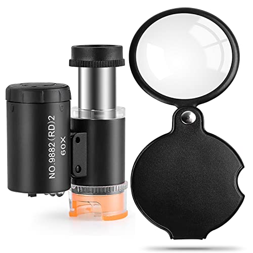 2 Pieces Magnifying Glass with Light, 6X 60X Loupe Magnifier Mini Pocket Folding Jewelers Loupe with Rotating Protective for Reading Coin Hobbies Travel