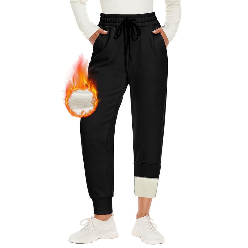 CAMPSNAIL Warm Jogging Bottoms Women's Lined with 2 Pockets Drawstring Winter Fleece High Waist Long Sports Leggings Training Trousers Leisure Trousers Sweatpants