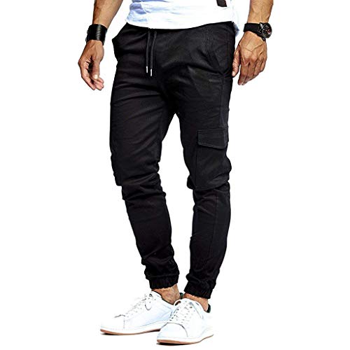 Fashion Casual Pants Mens Slim Pure Color Bandage Sweatpants Drawstring Pants Black