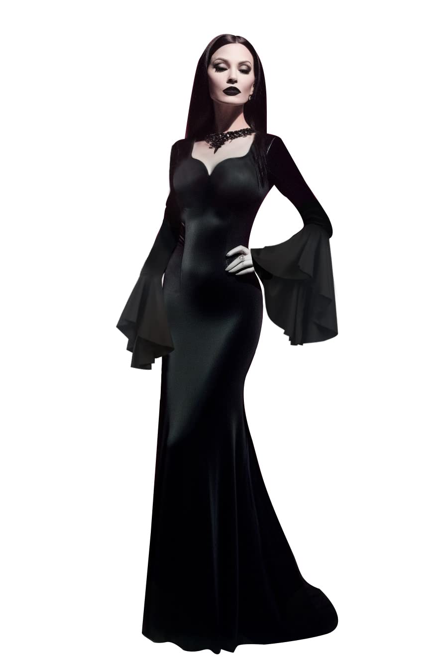 JEGERMIG Morticia Addams Dress Floor Length Halloween Role Play Costume Adams Family Costume, Black, S