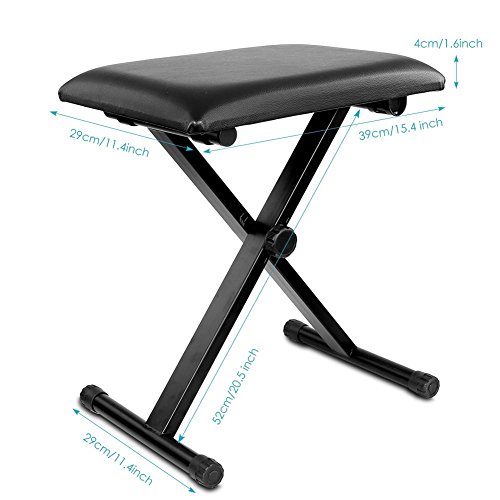 Kunova (TM) 3-Position Height Adjustment(16.5"/17.5"/19.5", 42cm/45cm/50cm) Black Folding Super-Stable and Durable Padded Keyboard Bench with X-Style Iron Legs