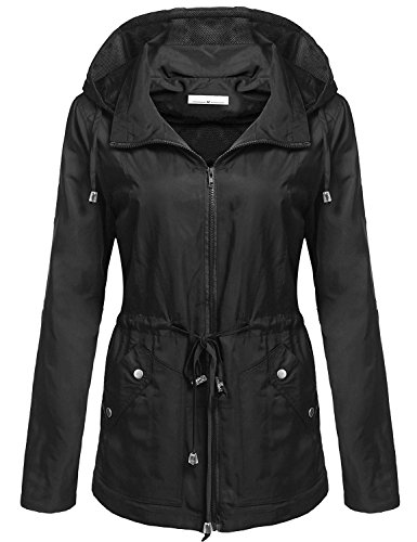 Elever Women's Detachable Hooded Drawstring Anorak Military Utility Jacket Black M