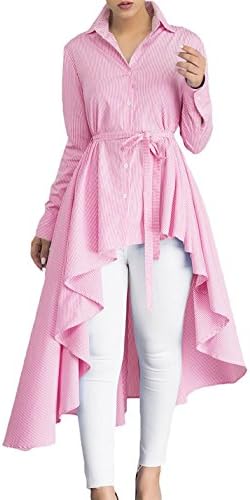 Angelia Women's Striped Lapel Shirt High Low Belted long sleeveBlouse Top