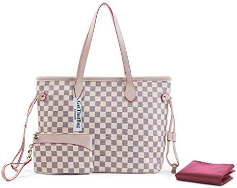 GETTHATBAG Newly Improved 2018 Boston Damier Monogram Shoulder Bag Shopper Handbag with Matching Wristlet Purse - Brown Checkerboard/Brown Stars/Beige Damier