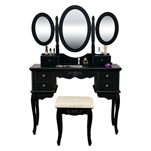 Vanity Makeup Table Set Tri-Folding Mirror Dressing Table with Padded Stool and 6 Drawers, Bedroom Vanity Table Writing Desk with Removable for Girls Women,Black