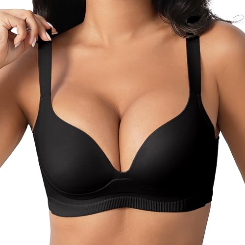 Zero Feel Bliss Women's Push-up Bra Without Underwire, Thin Cup Deep Neckline, Adjustable Wide Straps, Soft Breathable Invisible, Full Coverage with Support