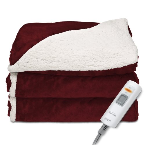 Sunbeam Reversible Sherpa/Mink Heated Throw Blanket with EliteStyle II Controller, Premium Soft Super Warm Plush Electric Throw Blanket, Garnet Red Sunbeam Reversible Sherpa/Mink Heated Throw Blanket with EliteStyle II Controller, Premium Soft Super Warm Plush Electric Throw Blanket, Garnet Red