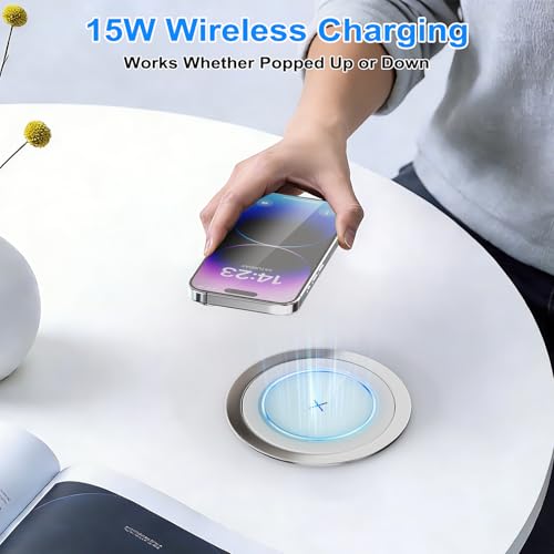 Worktop retractable socket, 2 USB-C 75 W Total, Qi 15 W, Ø100 mm | Built-in power strip with single push outlet, 4 AC outlets, 2 USB-A 45W+30W, kitchen and central island, white
