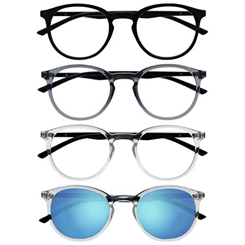 OPULIZE Met 4er-Pack Lesebrille Mit Sonne Leser Groß Runden Schwarz Grau Klar Herren Damen RRRS60-17CC +3,50