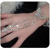 Wiwpar Sparkle Rhinestone Silver Butterfly Hand Chain Crystal Long Tassel Layered Hand Harness Bangle Finger Slave Link Chain Wedding Party Nightclub Bracelet Hand Chain for Women