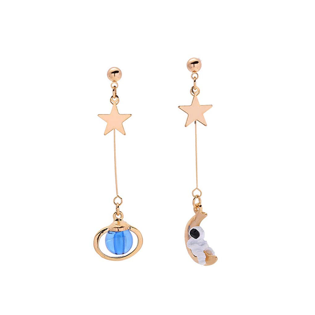 Creative Cartoon Asymmetrical Astronaut Blue Planet Stud Earrings for Women Charm Jewelry Cute Star Moon Earth Spaceman Drop Earrings, extra, Metal, no inlay