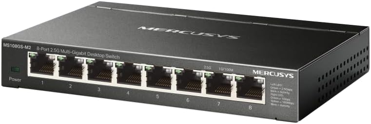 MS108GS-M2 Switch 2,5 Gigabit 8 portas 2,5 Gbps, Ethernet, RJ45, caixa metálica, plug and play, NAS 2,5G, servidor 2,5G, computador de jogos, vídeo 4K
