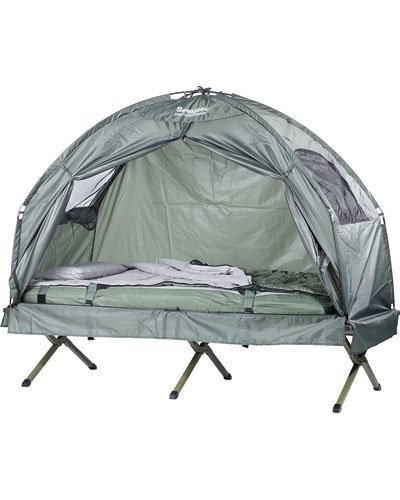 Semptec Urban Survival Technology Campingliege: 4in1-Zelt mit Feldbett, Sommer-Schlafsack und Matratze (Zeltliege, Liege mit Zelt, Stelzen 4 Personen)