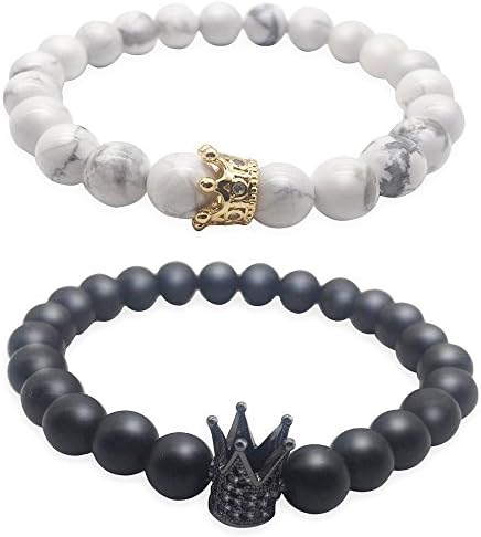 Leune Accessories | King and Queen Bracelets for Couples His and Hers Gifts for Him and Her | 8mm High Concentrate Natural Stone Beads GIFT BOX + JEWELRY POUCH INCLUDED