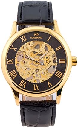 GuTe Elegant Steampunk Men's Hand-wind Mechanical Watch Golden Black Roman PU Band
