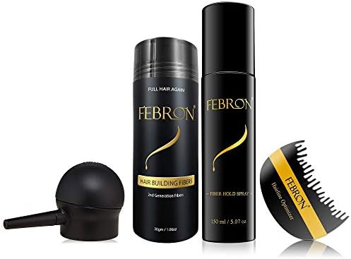FEBRONFull Tool Kit (4 Items) 30gm Hair Building fibers Bottle, 150ml FiberHold Spray, Pump, Hairline Optimizer (Grey/Natural)