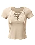JJ Perfection Women's Eyelet Lace Up Short Sleeve Top